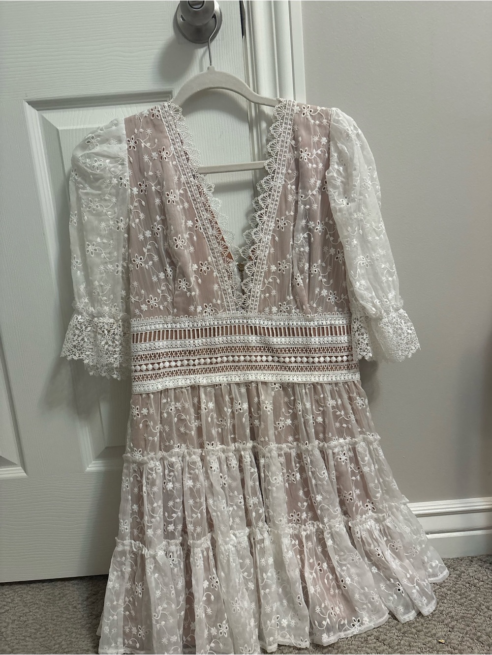 White and Blush Eyelet Lace Mini Dress